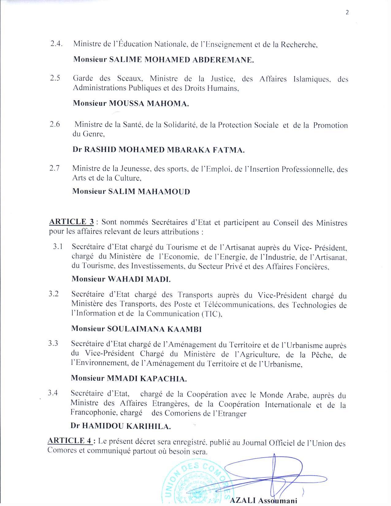 DECRET N° 17 - 083/ PR Relatif à la composition du Gouvernement et aux Secrétariats d’Etat de l’Union des Comores