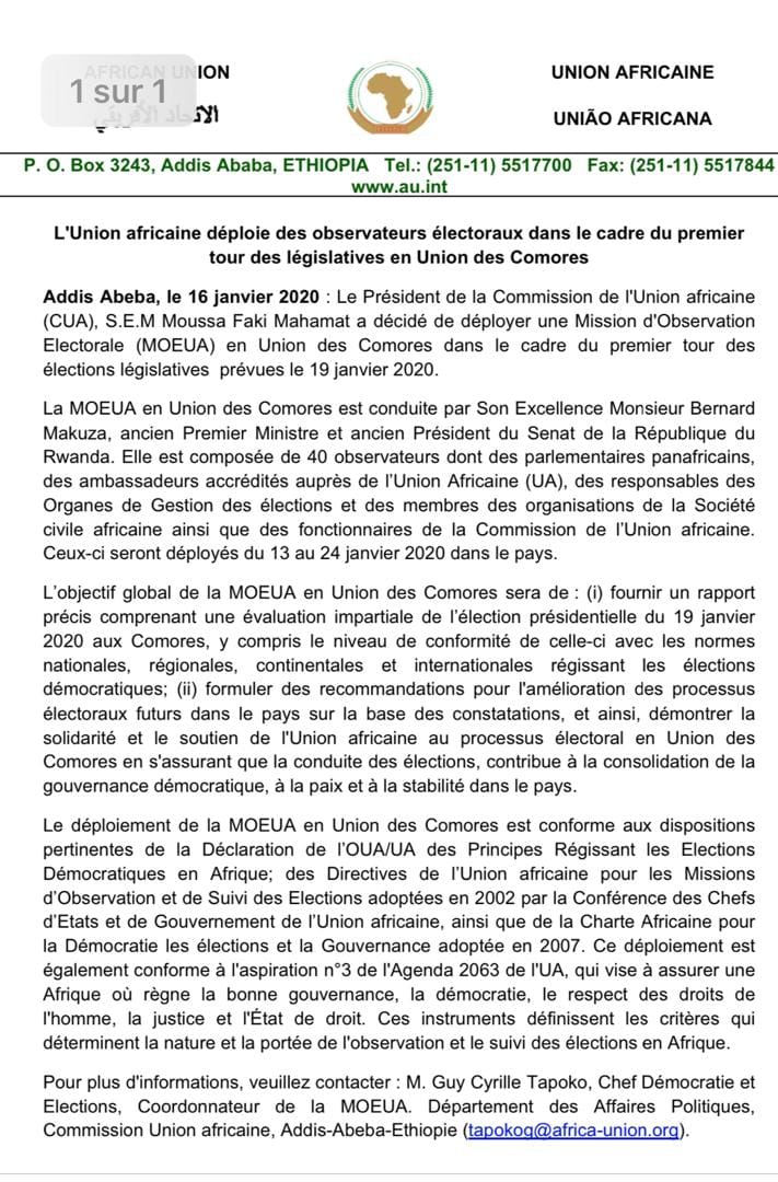 L'Union africaine déploie une mission d'observation composée de 40 personnes dans le cadre du premier tour des législatives en Union des Comores